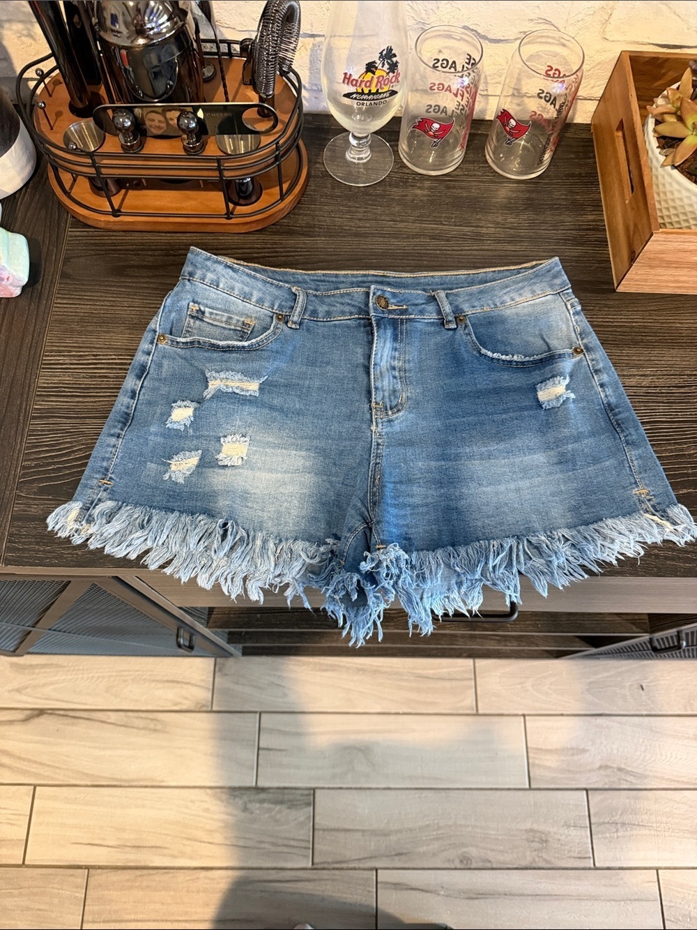 Distressed Fringe Hem Blue Denim Shorts